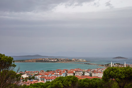 Nice view of the coastal town. Against the backdrop of islands and mountains.の写真素材