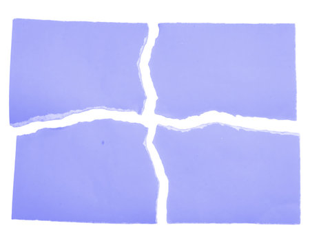 Pieces of torn purple paper isolated on white background. Top view.の写真素材
