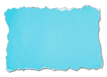 Blue ripped piece of paper on plain background. With clipping path.の写真素材