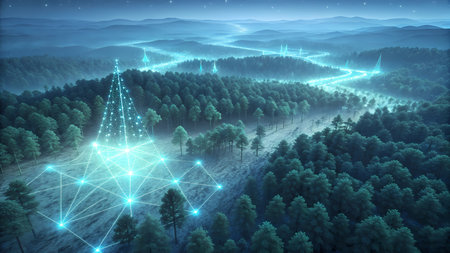 Fantastic Christmas landscape with glowing fir trees and mountains. 3D Renderingの素材