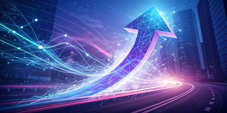 Glowing arrow on abstract background with cityscape, 3D renderingの素材