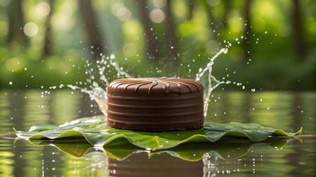 Chocolate cake on green leaf with water drops, close-upの素材