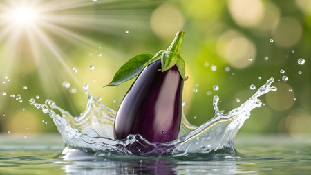 Fresh eggplants with water splash on green background. Healthy food conceptの素材