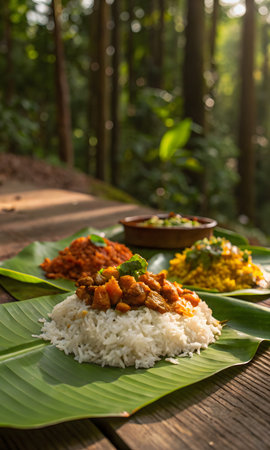 Thai spicy curry rice on wooden table with banana leaf background.の素材