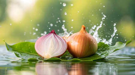 onion and water splash on green nature background, healthy food conceptの素材