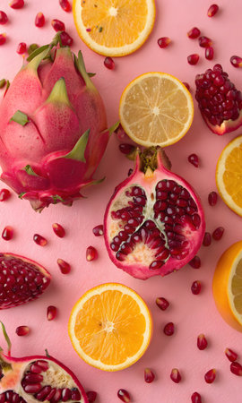 Fruits on pink background, top view, close-up.の素材