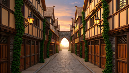 3D render of a beautiful medieval street in the old town at sunsetの素材