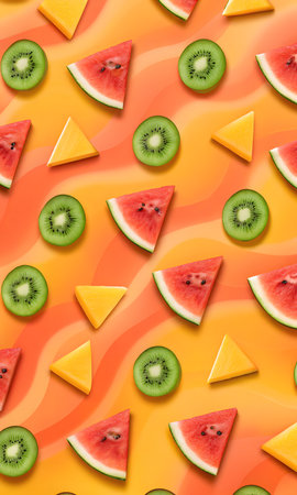 Watermelon and kiwi slices on orange background. Seamless patternの素材