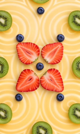 Fruit pattern of kiwi, strawberries and blueberries on yellow backgroundの素材