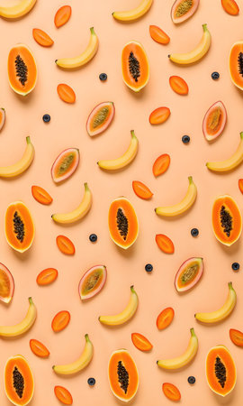 Seamless pattern with ripe papaya and bananas on color backgroundの素材