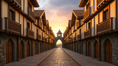 3D render of a medieval street in the city at sunset.の素材
