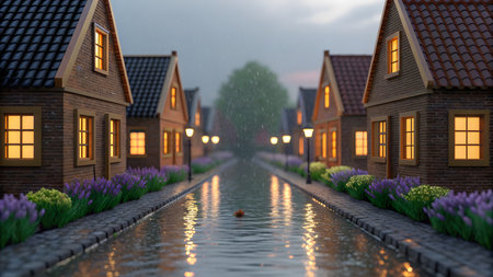 3d render of a row of houses in the street with water and rainの素材