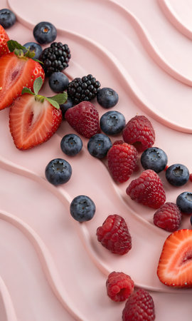 Slices of pink cake with fresh berries, close-upの素材