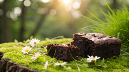 Chocolate brownies on green grass with daisies and sunlightの素材