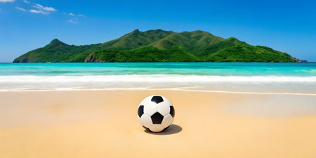 Soccer ball on the beach with green island and blue sky backgroundの素材