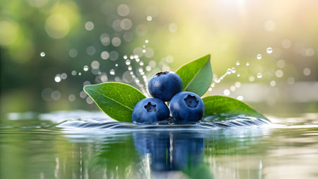 Blueberries in water with drops of water and green leaves on a green backgroundの素材