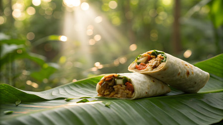 Mexican burrito with chicken and vegetables on banana leaf in morning sunlightの素材