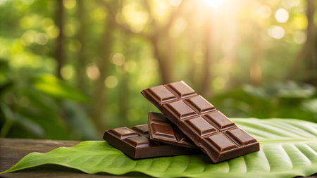 Chocolate bars on green leaf on wooden table with sunlight background.の素材