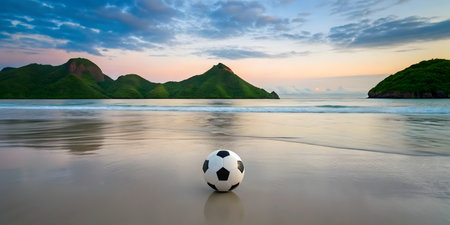 Soccer ball on the beach with beautiful sunset at Seychellesの素材