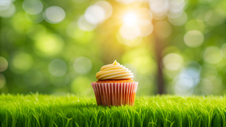 Cupcake on green grass with sun light bokeh backgroundの素材