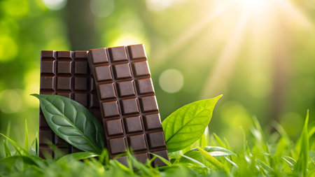 Chocolate bar with leaves on green grass background. Healthy food concept.の素材