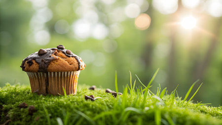 Chocolate muffin on green grass with bokeh background.の素材