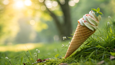 Ice cream cone on green grass in sunny summer or spring day.の素材