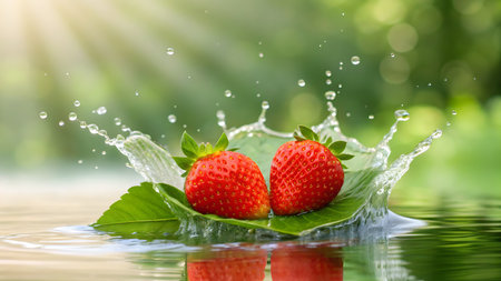 Strawberry with water splash on green nature background. Summer fruit concept.の素材