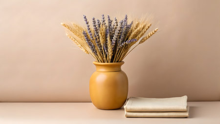 Bouquet of lavender flowers in a vase on a beige backgroundの素材
