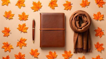 Leather notebook, pen and scarf on autumn leaves background. Top viewの素材