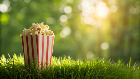 Popcorn in striped box on green grass with bokeh backgroundの素材