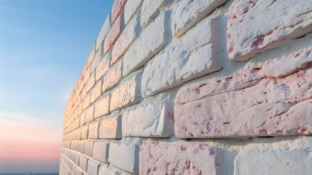 White brick wall with blue sky background. Brickwork texture. Brickwork.の素材