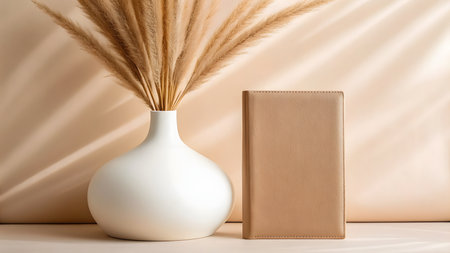 Pampas grass in vase and notebook on white wooden tableの素材