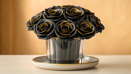 Black roses in a vase on a wooden table with a golden backgroundの素材