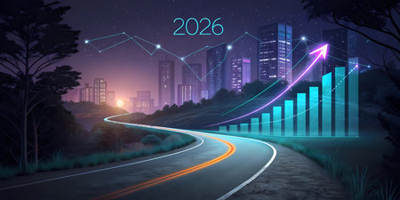 Happy New Year 2026 and Business growth concept. Financial graph on road.の素材