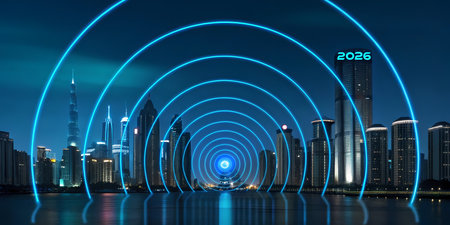 Futuristic cityscape at night, 3d rendering. Computer digital drawing.の素材