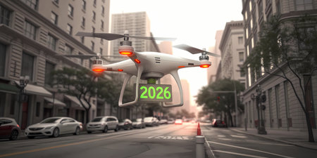 Quadcopter with camera flying over city street. 3D renderingの素材
