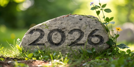 Grave stone with the number 2026 on it in the garden.の素材