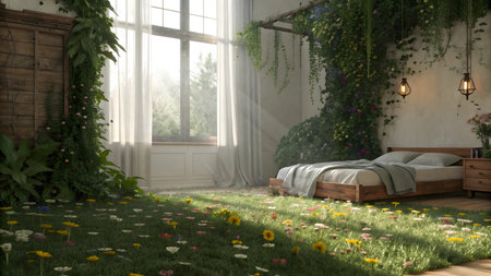 3d render of a bedroom with a bed surrounded by flowers.の素材