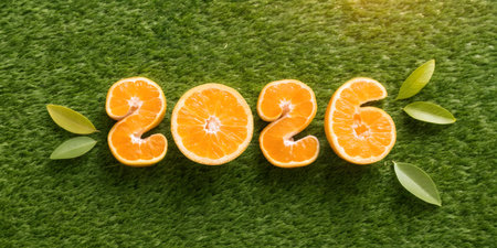 Tangerines with green leaves on green grass background, new year concept 2026の素材