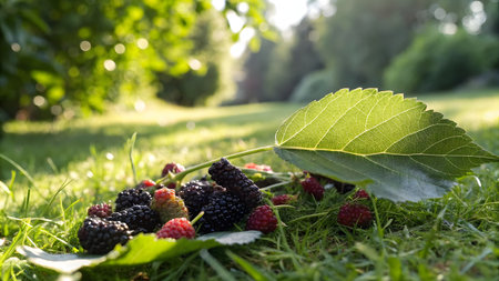 Mulberry fruits with leaves on the grass in the garden.の素材