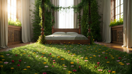 Bedroom with green grass and flowers. 3d rendering. Vintage style.の素材