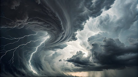 Dramatic sky with stormy clouds and lightning. Nature backgroundの素材