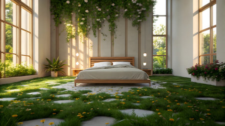 3d rendering of luxury bedroom in the garden with green grass.の素材