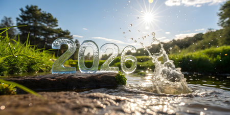 Happy new year 2026 with water splash and bokeh background.の素材
