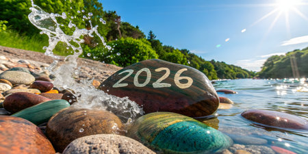 New year 2026 written on a stone in the water with sun raysの素材
