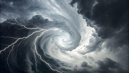 Stormy sky with lightning in the dark, 3D illustration.の素材