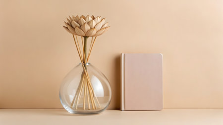 Vase with wooden flower and book on table against beige backgroundの素材