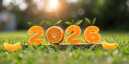 2026 new year concept with tangerines on green grass.の素材