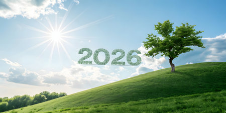 New year concept with green grass, tree and sun. 3D rendering 2026の素材